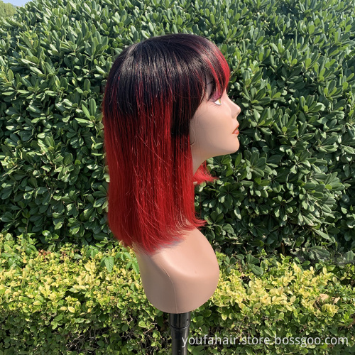 Fashion Ombre Color 1b Burg Peruvian Human Hair None Lace Short Bob Wig Wholesale Straight Machine Made Human Hair Bob Bangs Wig